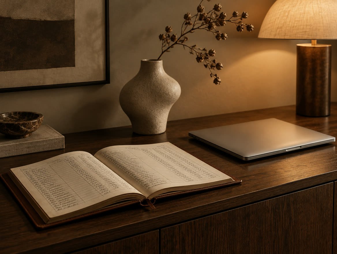 Open ledger and laptop on an oak sideboard
