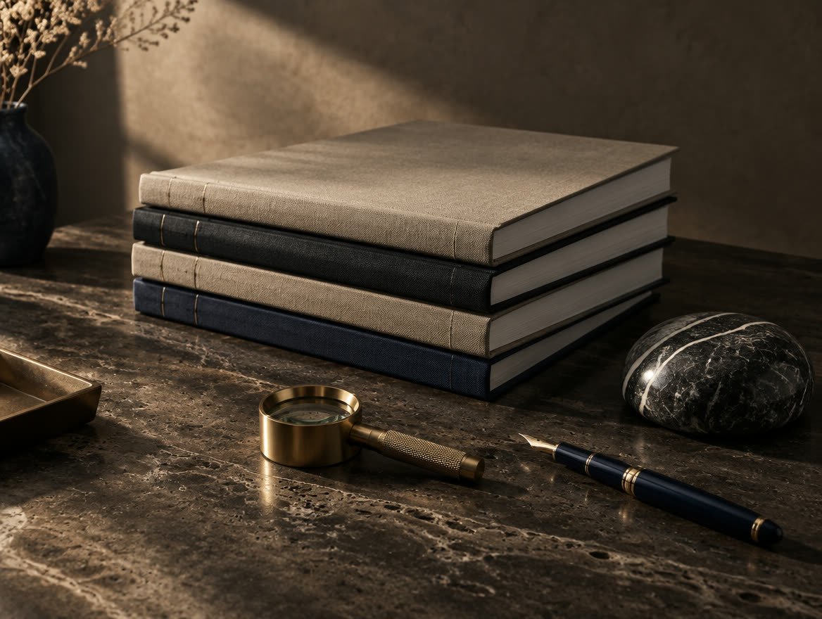 Bound financial statements with a brass loupe and fountain pen