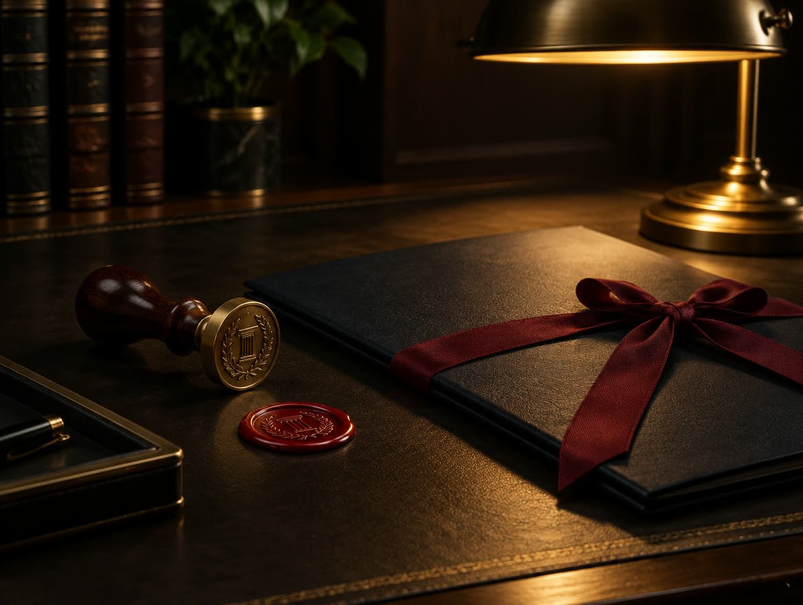 Company seal, wax and certificate folder on a leather desk