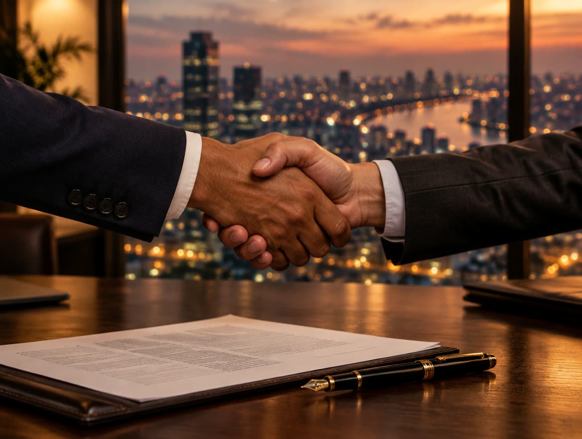 Handshake across a table with a signed contract