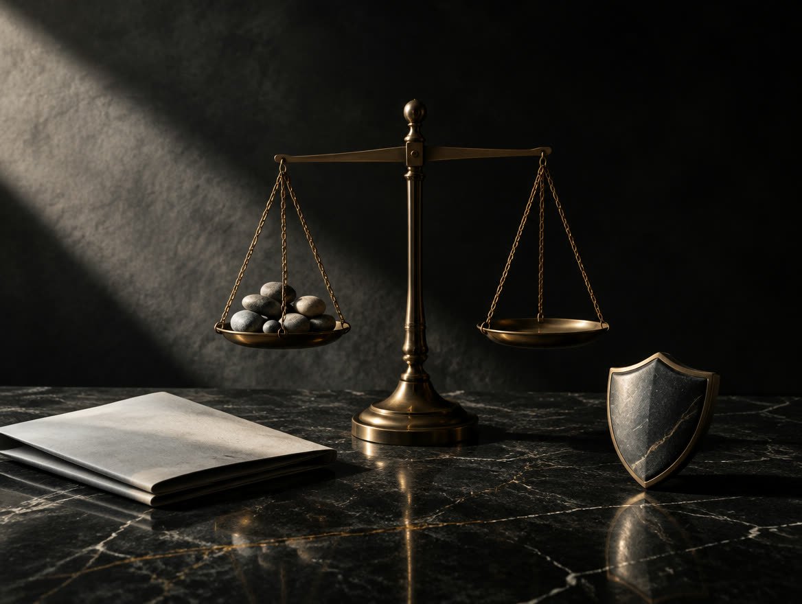 A brass balance scale on dark marble